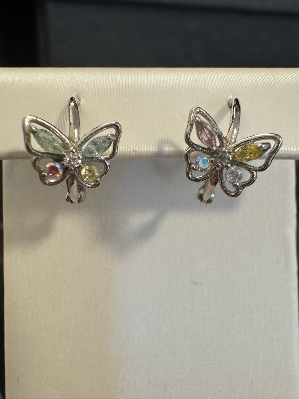 S925 silver butterfly huggie hoops sleeper earrings AB crystal iridescent